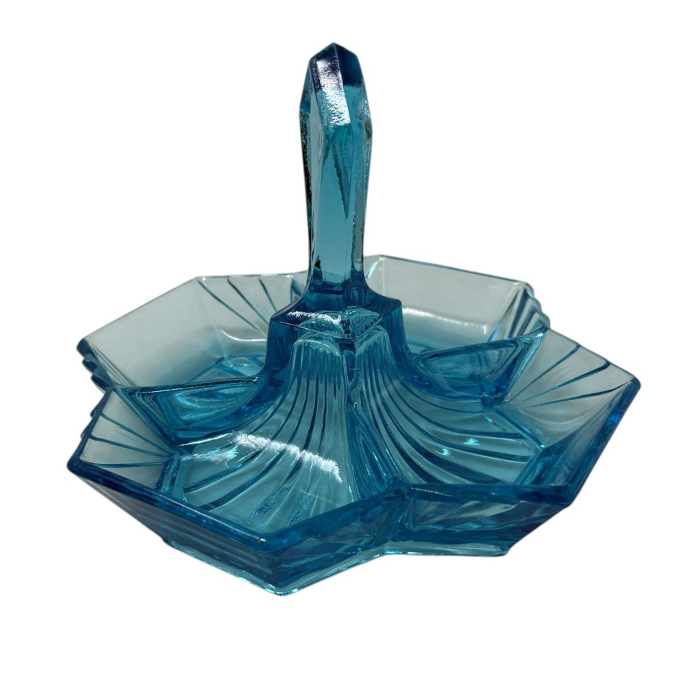 Tiara Indiana Glass Relish Dish Blue Excellent Art Deco Glass 4-Section Handle